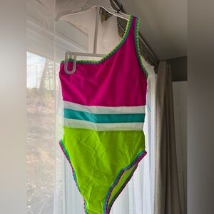 Popvil One-Shoulder Swim Suit - Pink & Lime Bathing Suit One Piece Swimsuit New